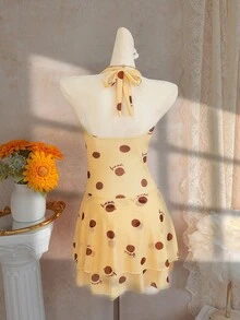 Women's Sleeveless Yellow Polka Dot Mini Dress, Bohemian Style Suitable For Outings, Beach, Parties, Birthdays, Versatile Fashion - Multicolor - View 3