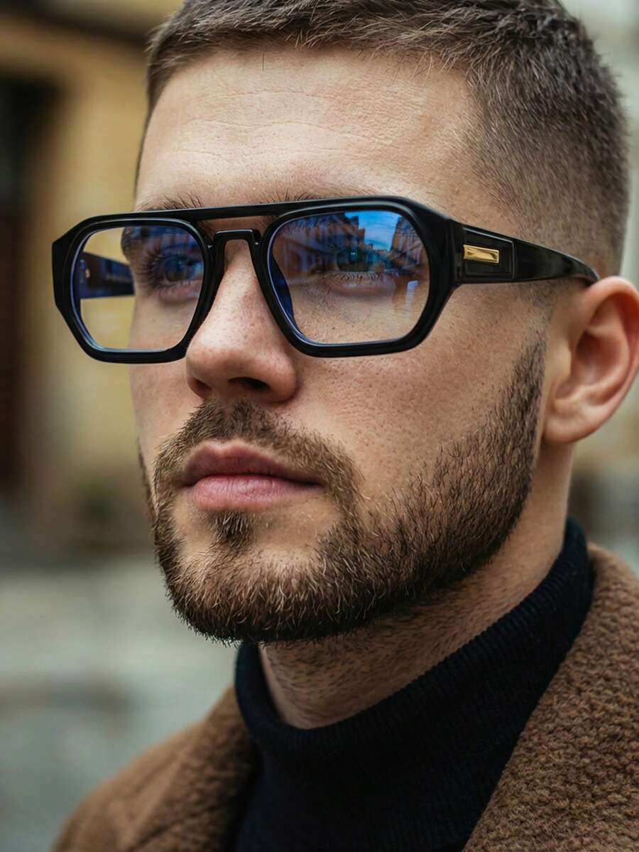 1 Pair Men's Black Square PC Frame Vintage Solid Color Double-Bridge Clear Lens Glasses - màu đen - Xem 1