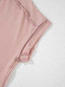 Acelitt Summer Casual Solid Color Loose Knit Textured Striped Crew Neck Short Sleeve T-Shirt - Baby Pink - View 8
