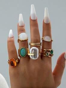 imoli 7pcs Vintage Baroque Style Faux Gemstone & Pearl Creative Personalized Jewelry Ring Set, Suitable For Daily Wear, Casual, Date, Party, Gift - Multicolor - View 13