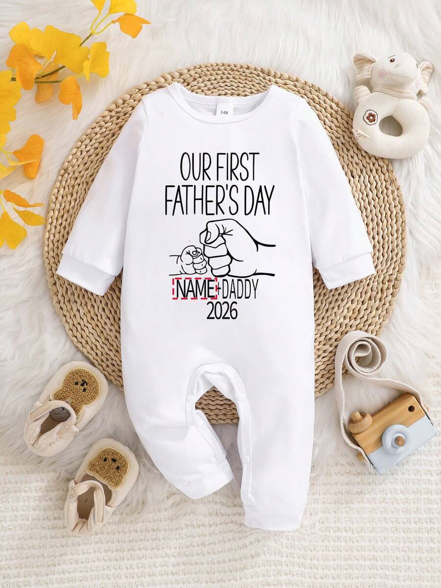 Custom Personalized Name Baby Boy/Girl Romper, Round Neck Long Sleeve Infant Toddler Unisex Casual Jumpsuit - Suitable For Outdoor Wear - White - View 1