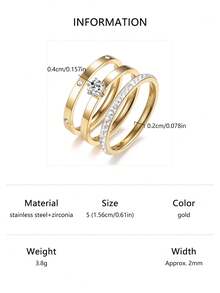 Bộ 3 chiếc nhẫn Cubic Zirconia tròn lấp lánh thời trang tối giản hiện đại đa năng, nhẫn thép không gỉ phong cách thanh lịch phù hợp cho nam và nữ, trang phục hàng ngày và phụ kiện dự tiệc, quà tặng - Vàng - Xem 22