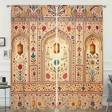 2pcs Mandala Art Curtains, Mughal Palace Arch Design, Floral Lantern Print, Rod Pocket Sheer Curtains, Vintage Boho Style, Home Decor For Living Room, Bedroom, Study, Suitable For Living Room, Princess Room, Dining Room, Bathroom, Kitchen