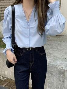Blusa con cuello en V francés, con volantes, mangas abullonadas para mujeres, diseño único, estilo coreano elegante, adecuada para primavera y otoño - Azul - Ver 2