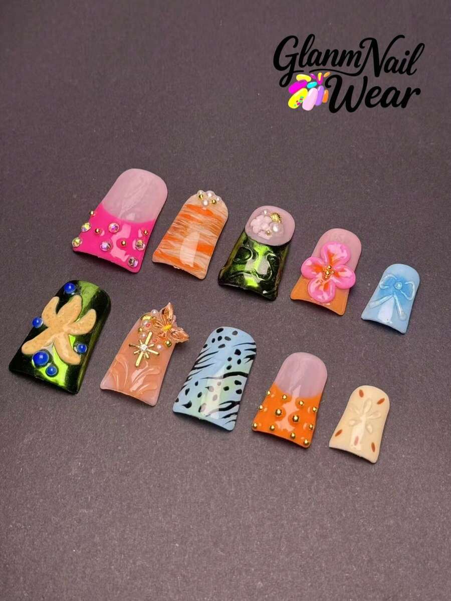 10pcs Handmade Duck Bill Nail Stickers, Tropical Resort Themed, Using Neon, Orange, Green High Saturation Colors, Paired With Starfish And Raspberry Flower 3D Shapes, Combining Zebra Print Hand-Painting And Diamond Decorations, Filled With Warm Summer Island Atmosphere. Nails Nail Supplies - Multicolor - View 1