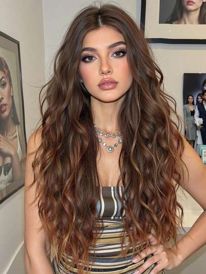 28英寸长杰瑞卷发假发；多巴胺风格；合成纤维编织假发；仿真发；优雅日常佩戴，完美适用于约会、派对、拍照、社交聚会、万圣节、圣诞节和生日等场合。