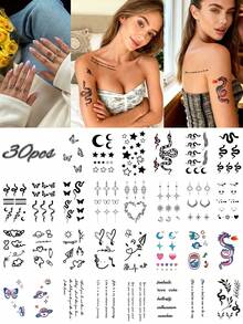 30 PIEZAS Pegatinas de tatuaje combinadas de patrones exquisitos y multicolores, incluyendo estrellas, lunas, pájaros, líneas, mariposas, flores, amor y otros elementos del patrón Y2K. Tatuajes temporales falsos ideales para dedos, orejas, hombros, cuello, clavícula y otras partes pequeñas del Body. Perfectos para carnavales, San Valentín, fiestas y festivales. - Negro - Ver 1