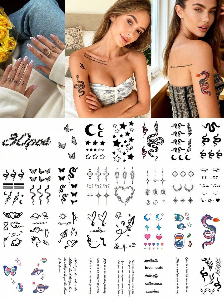 30 PIEZAS Pegatinas de tatuaje combinadas de patrones exquisitos y multicolores, incluyendo estrellas, lunas, pájaros, líneas, mariposas, flores, amor y otros elementos del patrón Y2K. Tatuajes temporales falsos ideales para dedos, orejas, hombros, cuello, clavícula y otras partes pequeñas del Body. Perfectos para carnavales, San Valentín, fiestas y festivales. - Negro - Ver 1