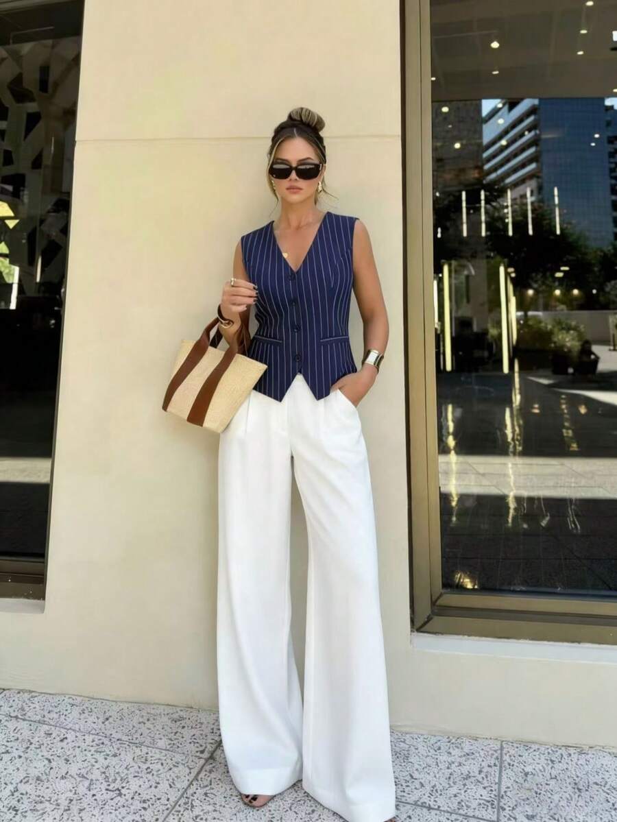 Navy Blue Vertical Striped Sleeveless Fitted Vest For Women, Chic Commuter Style Slim Fit Waistcoat - Navy Blue - View 1