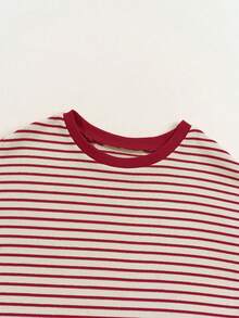 Acelitt 条纹撞色肩部短袖针织休闲圆领T恤，夏季 - 紅色 - 查看 6