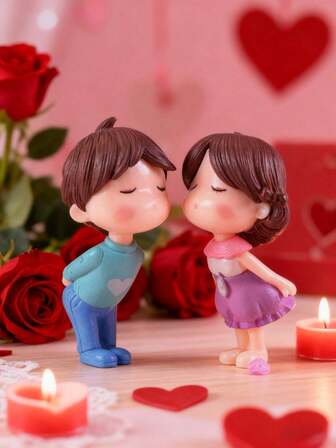 2件套卡通情侣摆件 - 树脂浪漫接吻迷你装饰品，适用于汽车仪表盘和家居装饰，可爱爱情主题收藏品，情人节和周年纪念日礼物