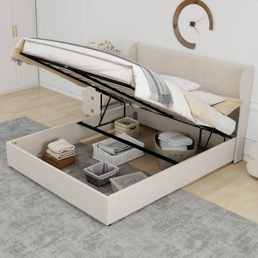 Modern And Minimalist Upholstered Bed, 160x200 Cm, Beige, Multifunctional Bedroom Furniture With Soft And Comfortable Headboard, High Storage Base With Gas Lift Mechanism, Mattress Not Included. - Beige + Fabric + Metal + Memory Foam - View 1