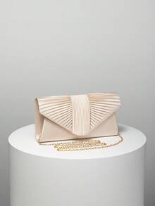 1 szt. Elegancka mała kopertówka w kolorze szampana, błyszcząca plisowana torebka na ramię z łańcuszkiem, modna torebka damska na łańcuszku, odpowiednia na imprezę, wesele, bal, kolację/bankiet, idealnie pasująca do sukni ślubnej, sukni wieczorowej, sukni balowej, sukienki urodzinowej