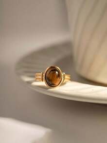 Anel de Aço Inoxidável com Olho de Tigre Estilo Francês Vintage, Não Desbota, Anel Aberto de Aço Titânio com Pedra Natural - Multicolorido - Visão 4