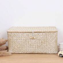 FEIALNDUO - Canastas de mimbre con tapa, cestas de almacenamiento de pastos marinos rectangulares tejidas a mano para estantes, organizador de computadora para el hogar blanqueado, - Large + blanco - Ver 3