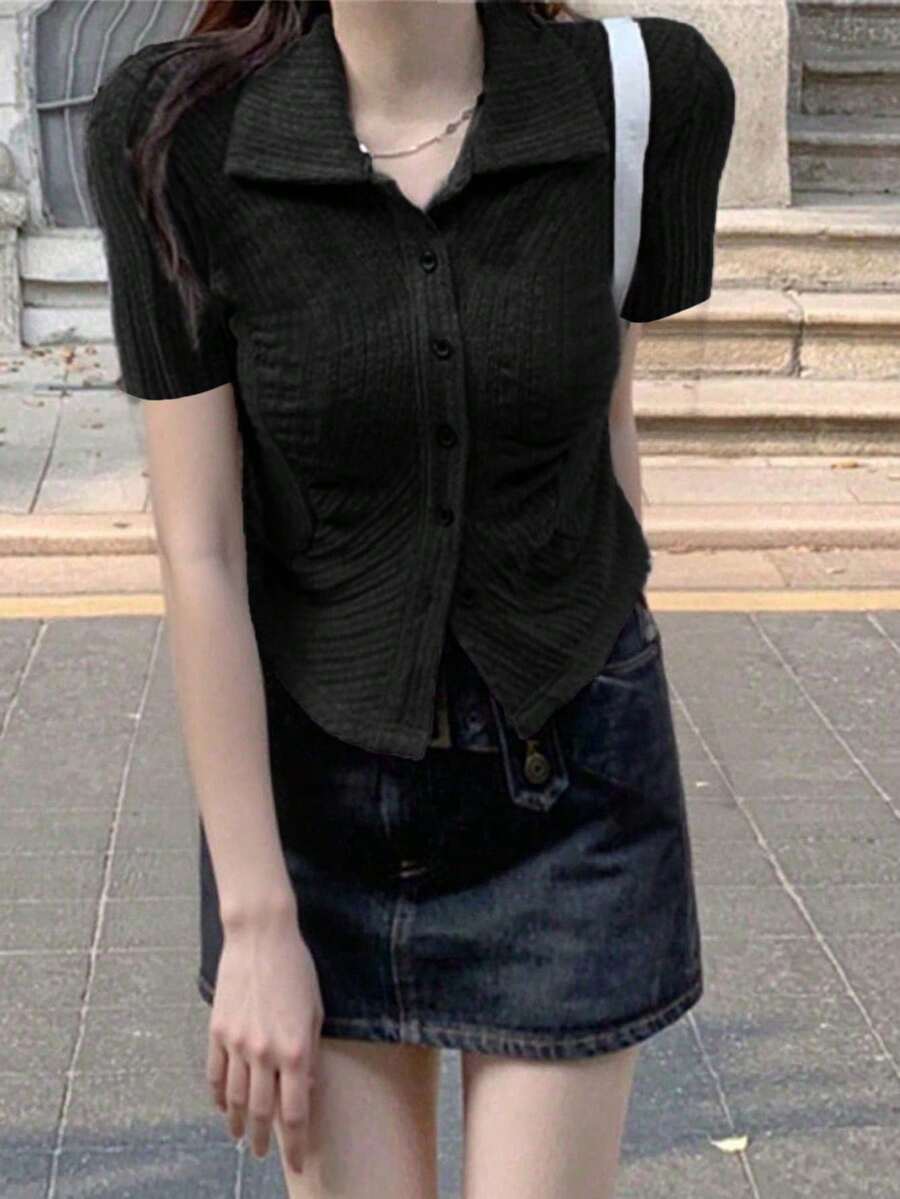 Women's Solid Color Single-Breasted Long Sleeve Ribbed Casual T-Shirt, Spring/Summer Black - Black - View 1