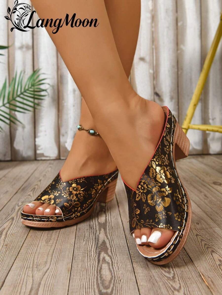 LangMoon 2026 Black & Gold Embossed Thick Heel Slides, Luxurious Embossed Floral Pattern Vamp + Stabilizing Thick Heel, High-Appearing Yet Comfortable, Anti-Slip & Durable Outsole, Elegant & Eye-Catching For Dates, Commute, Parties, Spring/Summer