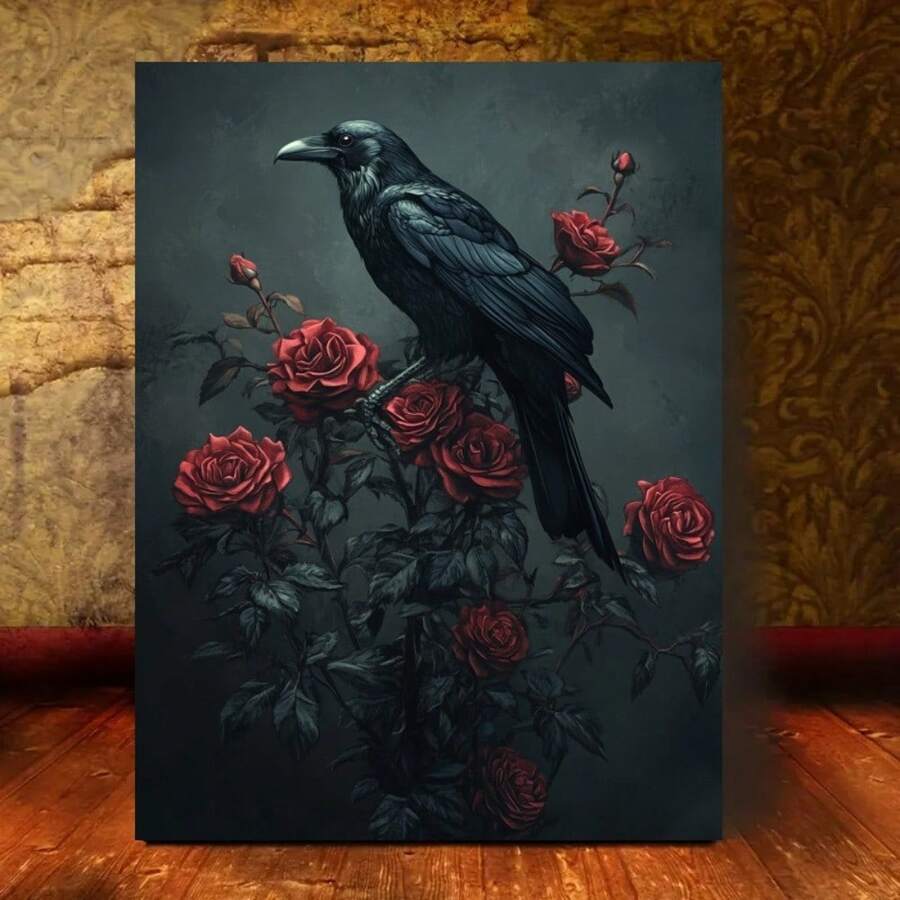 1pc 2D Flat Gothic Crow On Roses Canvas Art - Wood Framed Wall Decor, Dark Moody Raven & Red Blooms Print For Home, Office, Or Holiday Gift (Halloween, Christmas, Mother's Day), Gothic Home Decor Ready To Hang - White - View 1