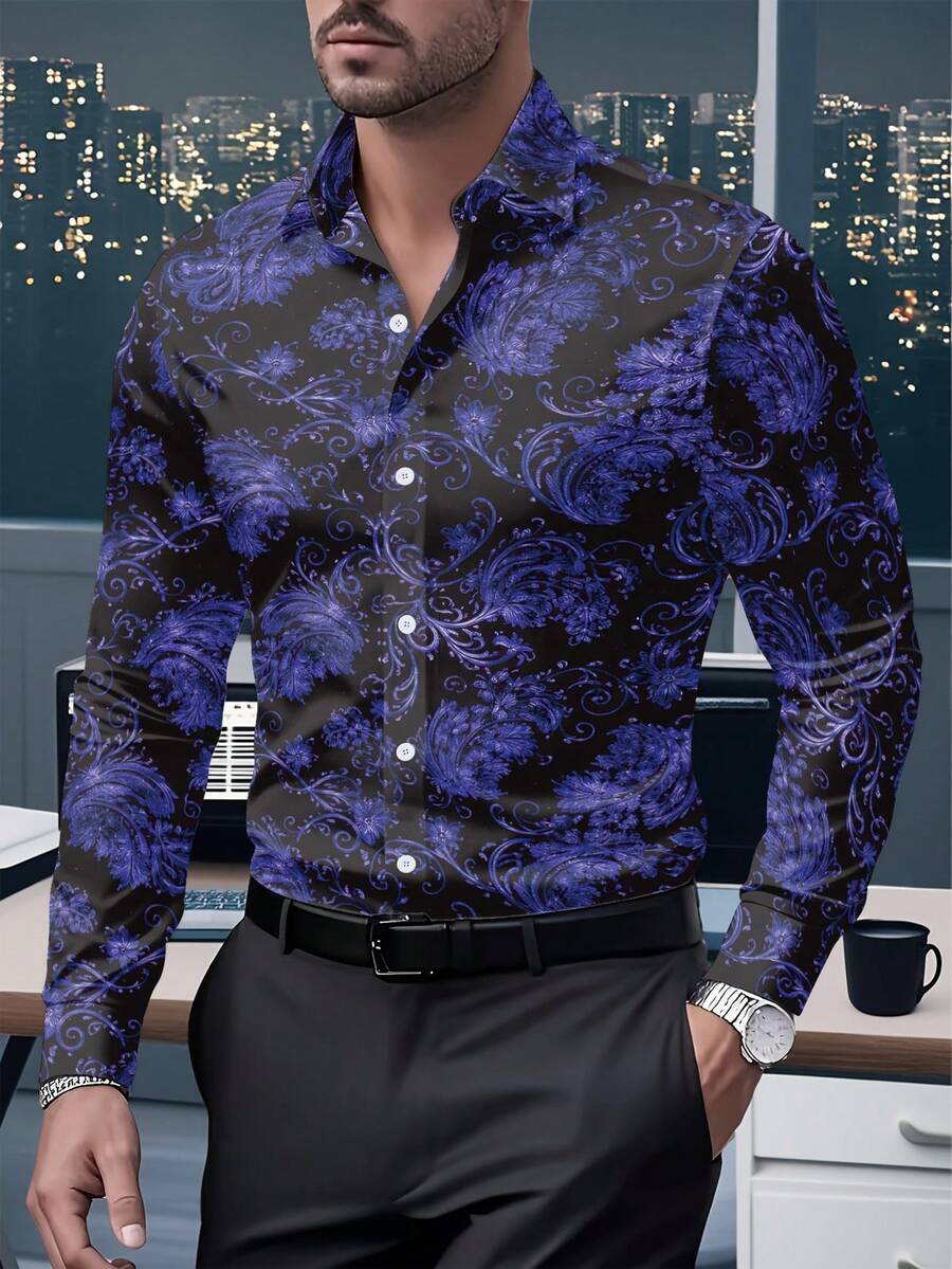 New Spring/Autumn Men's Fashion Long Sleeve Thermal Press Casual Printed Shirt - Blue - View 1