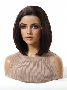 13*4 High Definition Lace 10 Inch Black Brown Bobo Head Straight Synthetic Wig, Fashionable Halloween Funny Style, 10 Inch Bobo Head Straight Hair, 13*4 High Definition Lace Area, No Bangs, Heat Resistant Synthetic Hair, Suitable For Daily Wear, Parties, Halloween And Cosplay. - Black Brown - View 7