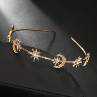 1 pieza Diadema de fiesta de Eid para mujer con decoración de diamantes de imitación de estrella y luna dorada, accesorio versátil