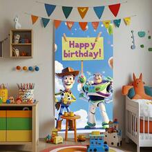 1pc Authorized Woody & Buzz Theme Party Doorframe Banner Photography Backdrop Decoration, (70.87x35.43inch) Birthday Party Hanging Decor, Theme Party Supplies For Birthday, Christmas, Valentine's Day, Wedding - 2D Flat Entrance Porch Sign Home Decor - Multicolor - View 2