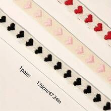 Pair Of Heart-Shaped Flat-Soled Shoelaces - Lightweight Polyester With Pink Hearts And Ribbon Bows For Casual Sneakers, Flats, Boots - Stylish And Durable Footwear, Lightweight Fiber Shoelaces - màu đen - Xem 2