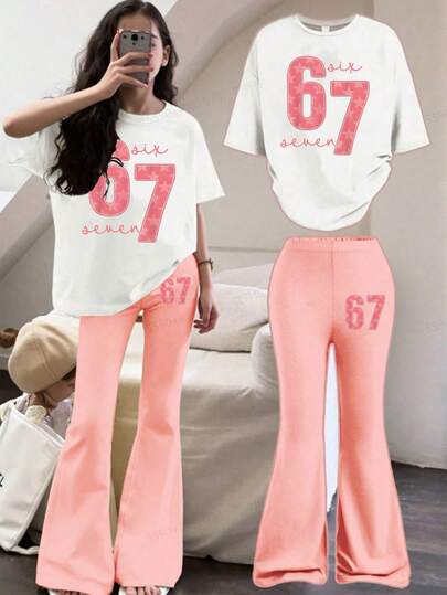 This Casual Set Designed For Girls Features Fashionable Letter Print, Including A White Short Sleeve Round Neck T-Shirt And A Mid-Waist Flare Pants.