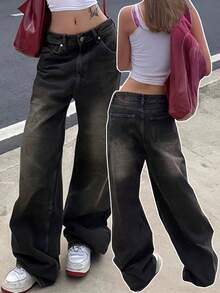 Valentine's Day Baggy Jeans For Women, Mid Rise Wide Leg Jeans Plus Size Boyfriends Denim Pants, Y2K Vintage Style Spring Clothes - 黑色 - 查看 1