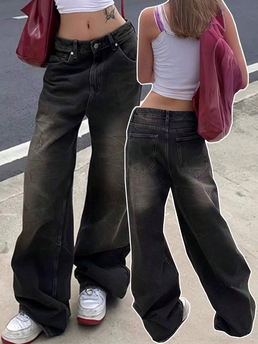 Valentine's Day Baggy Jeans For Women, Mid Rise Wide Leg Jeans Plus Size Boyfriends Denim Pants, Y2K Vintage Style Spring Clothes - 黑色 - 查看 1