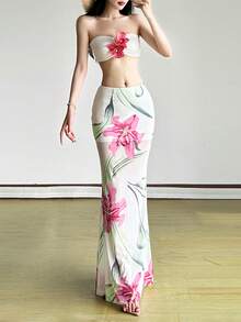 Top Dazzle 女士性感休闲长款美人鱼裙，粉色花卉印花，透明涤纶面料，派对必备 - 白色 - 查看 1