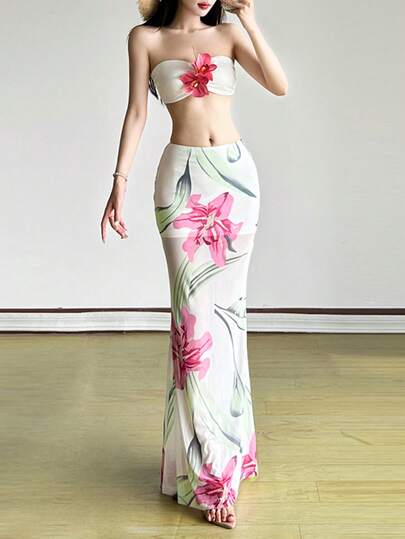 Falda larga de estilo sirena casual y sexy para mujer con estampado floral rosa de tela de poliéster transparente, perfecta para fiestas