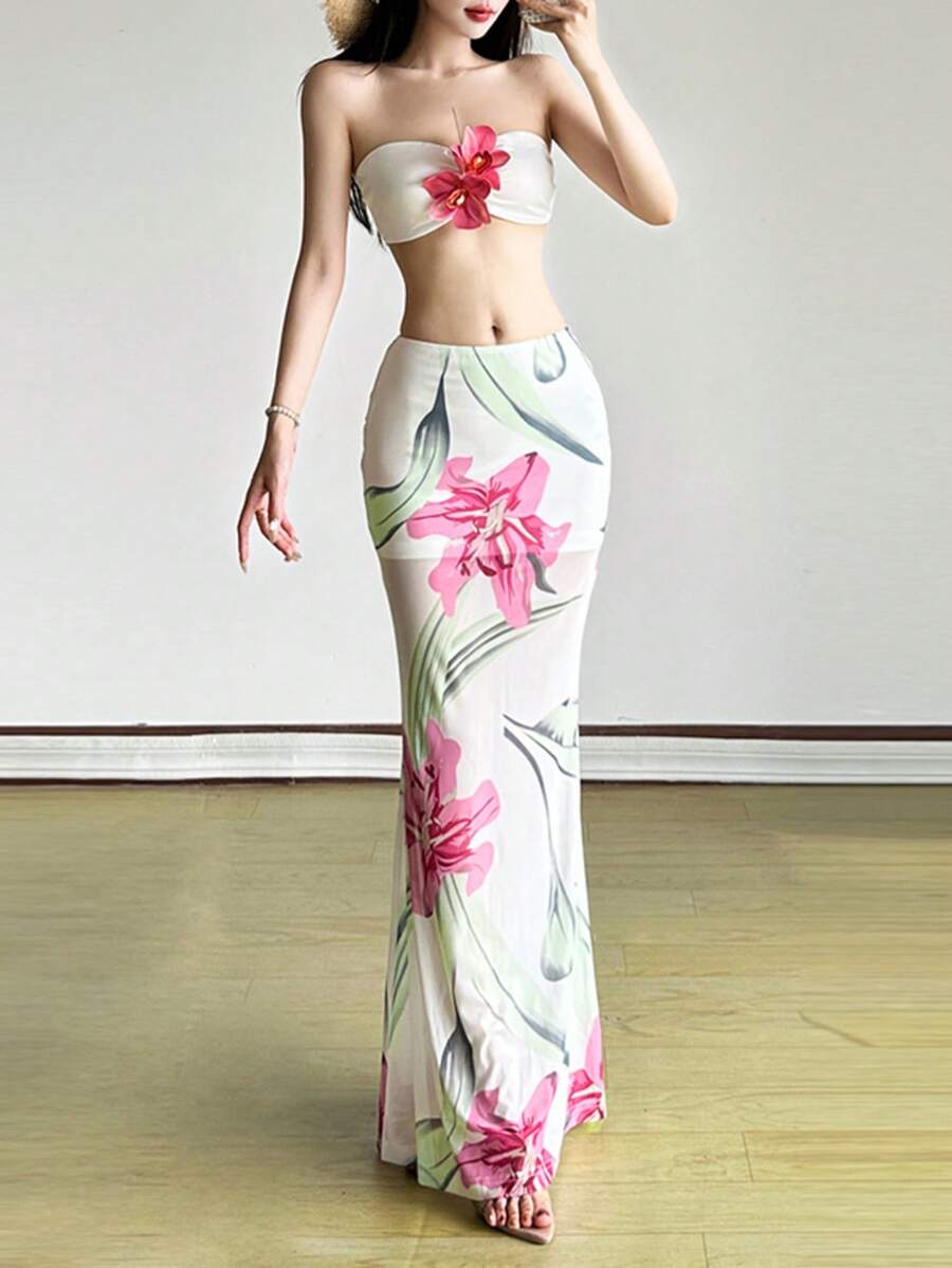 Top Dazzle 女士性感休闲长款美人鱼裙，粉色花卉印花，透明涤纶面料，派对必备 - 白色 - 查看 1