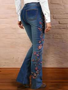 Women's Floral Embroidered Flared Boot Cut Jeans, Boho Vintage Denim Pants - 藍色 - 查看 2