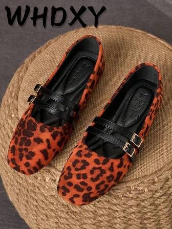 Women's Leopard Print Square Toe Mary Jane Flat Shoes, Double Strap Double Buckle Loafers, Vintage Versatile Comfortable For Commuting And Casual Wear