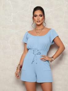 Women's Jumpsuit With Eyelets, Short Sleeves, Elastic Waistband, Perfect Fit, Side Pockets, Elegant, For Parties, End Of Year, Fabric, Pockets, Belt, Knot, Vacation, Holiday, Travel, Spring/Summer - 青碧色 - 查看 2