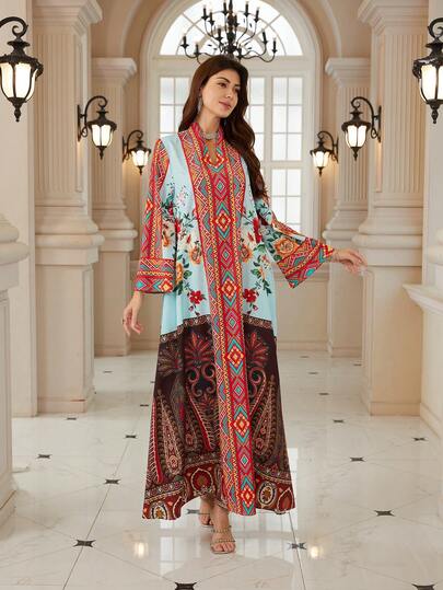 Elegant Women's Notched Neck Long Sleeve Bohemian Print Dress, Made Of Soft Fabric, Showcasing A Vibrant Bohemian Style