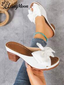 2026 New White Bow Tie Fashion Platform Mule Wedge Sandals For Women, Specially Comfortable & Versatile, Oversized Bow Tie Decor + Minimalist Fresh Design, Chunky Heel Comfy Slip-On, Solid Color Elegant Sweet, Suitable For Daily Commute/Vacation/Date And More Occasions, Stylish Choice - White - Bow - View 3