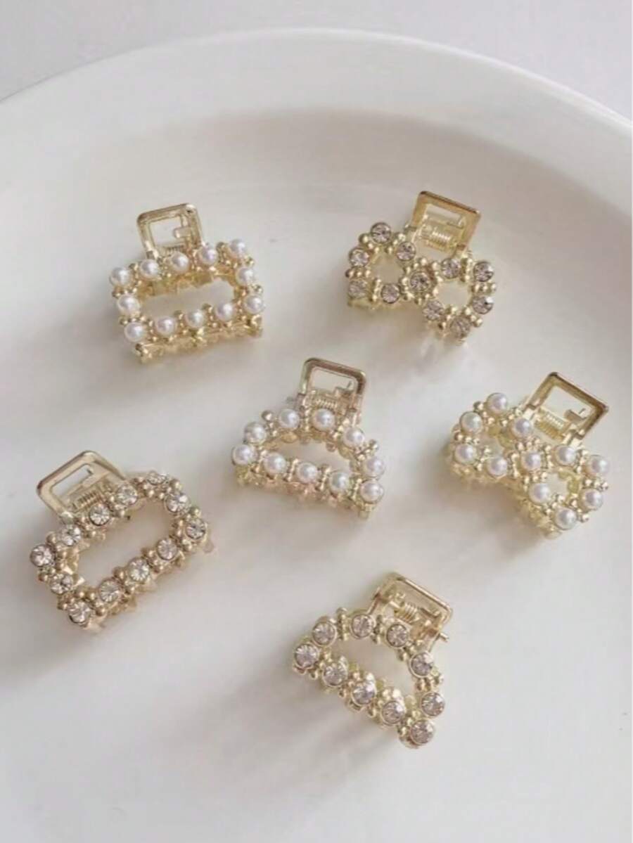 6pcs Women's Hair Clips Decorated With Faux Pearl And Rhinestone, Suitable For Updo Hairstyles Hair Accessories Flower Hair Clip Fashion Claw Clip Elegant Hair Claw - Gold - View 1