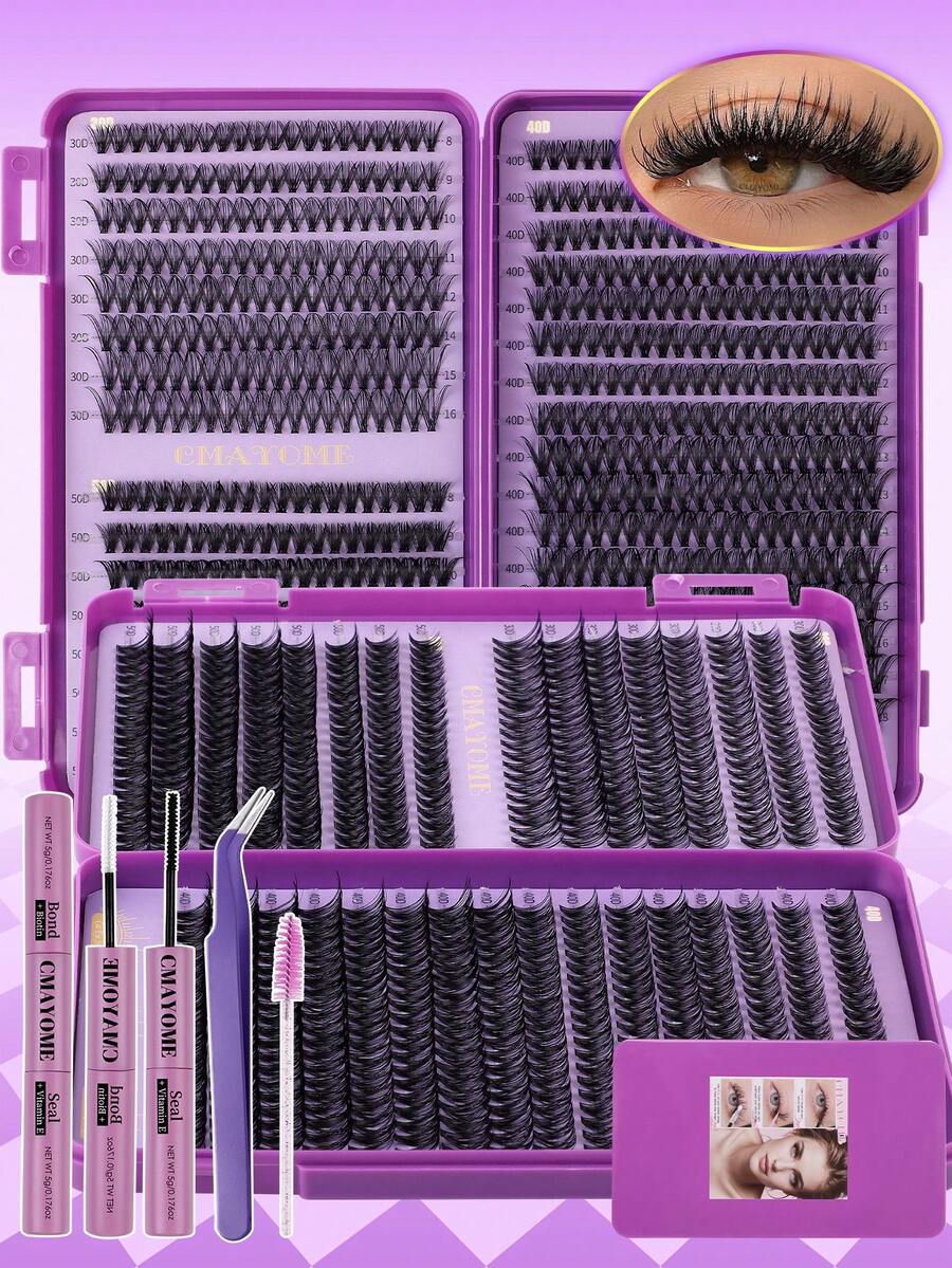 640片D型卷翘单根假睫毛套装，包含胶水、封层剂、镊子、睫毛刷，DIY睫毛套装，新手友好，DIY睫毛簇+睫毛刷+睫毛夹，柔软自然的睫毛册，大容量分段式睫毛嫁接套装，蓬松浓密假睫毛套装，新手友好，易于使用，适合各种眼妆