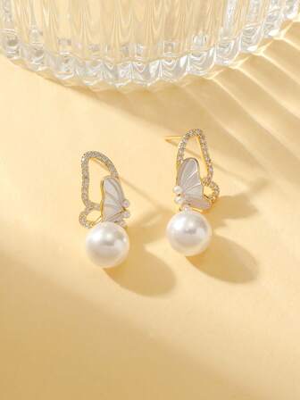 1 Pair Elegant Butterfly Design Cubic Zirconia Pearl Earrings, Women's Wedding, Party, Banquet Jewelry, Hypoallergenic And Fade-Resistant, Suitable For Holiday Gifts