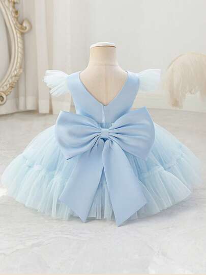 女婴蓝色短袖婚礼花童薄纱礼服，饰有3D蝴蝶结，优雅派对公主裙，适合宝宝周岁生日、派对、正式场合、婚礼等。