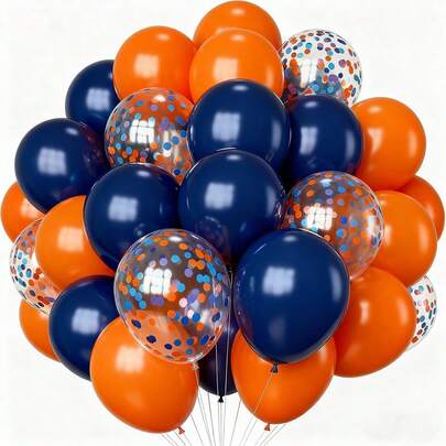 50个10英寸/25.4厘米多色派对气球，海军蓝、哑光橙、红蓝亮片气球，适合户外场景、庆典装饰，是生日派对、迎婴派对、婚礼、主题派对、性别揭晓派对、鸡尾酒会、周年纪念、节日活动的完美之选。