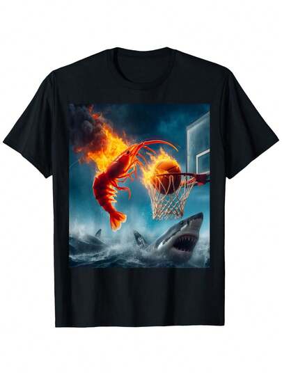 Camiseta gráfica de meme de camarón burlón sumergiéndose en un tiburón - 100% algodón, ajuste holgado, unisex para hombres y mujeres, camiseta casual para senderismo al aire libre, comodidad de primavera, verano y otoño, tallas S-2XL, camiseta de algodón cómoda, impresión vibrante, diseño humorístico, tela duradera, atuendo diario, material transpirable, camiseta de manga corta, para fanáticos del estilo urbano