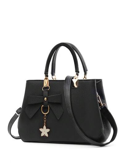 Meravé Bolso con charms de estrella y lazo,Nuevos bolsos de mano para mujer,Carteras de mujer, bolsos y bolsos de hombro de moda para mujer, bolso de diseñador con asa superior con pompón,Bolsos de Mujer Bolsa Bandolera Moda Colgante Señora Bolso Tote Elegante Bolsas de Hombro PU Adecuado para desplazamientos diarios al trabajo o al colegio. Bolso Shopper para Fiesta Trabajo Ideal como regalo de cumpleaños o regalo festivo.Negro