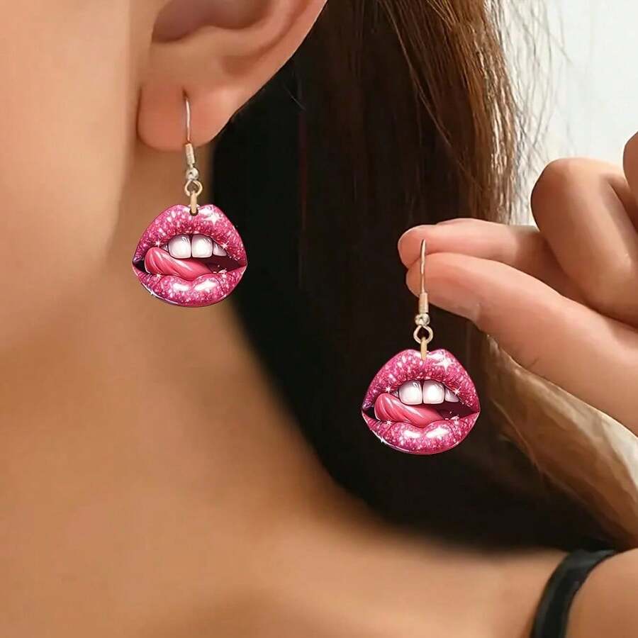A Pair Of Vintage Valentine's Day Lip-Shaped Drop Earrings 2D Acrylic Vintage Lipstick Earrings Women's Party Earrings - Multicolor - Ver 1