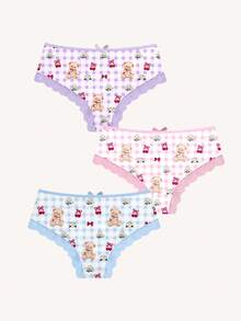 Aesletic 3pcs Colorful Cute Bear Plaid Print Fashion Comfortable Women Lace Patchwork Panties Set - Multicolor - View 2