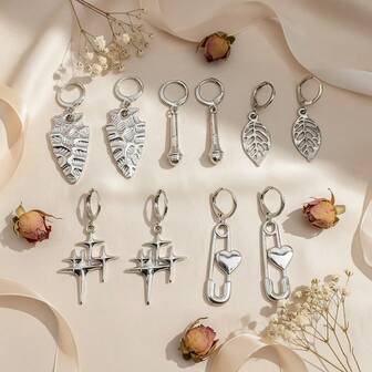 1 par de pendientes de aro de plata con dijes de micrófono, hoja, estrella y corazón, diseño versátil para un estilo dulce y elegante, adecuado para uso diario y estilismo personalizado
