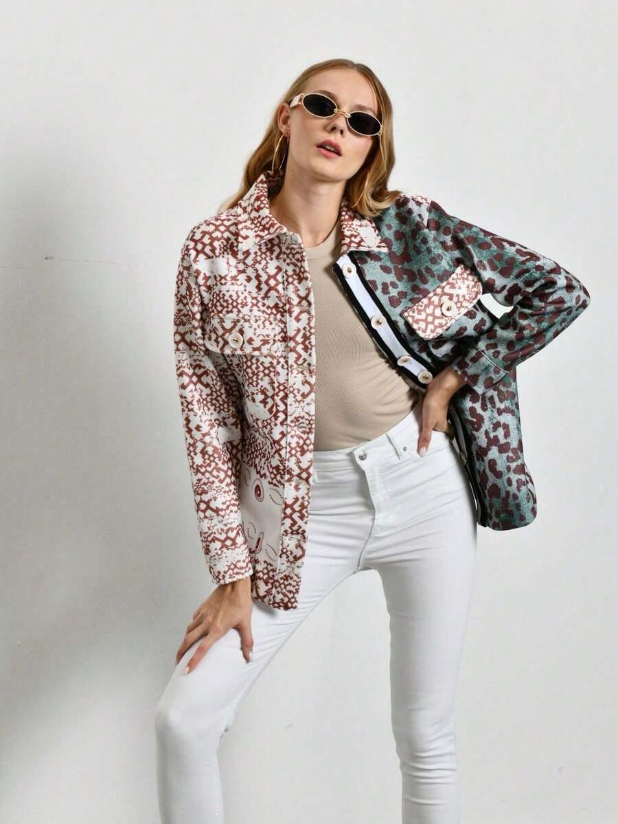 Leopard Print Wool Blend Shirt, Jacket - Multicolor - View 1