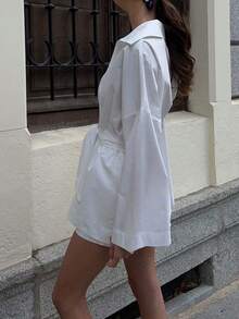 ELVA 白色纯色宽松长袖衬衫，适合办公室、商务休闲场合，也适合女教师、学生、音乐会等场合，优雅休闲皆宜。 - 白色 - 查看 4